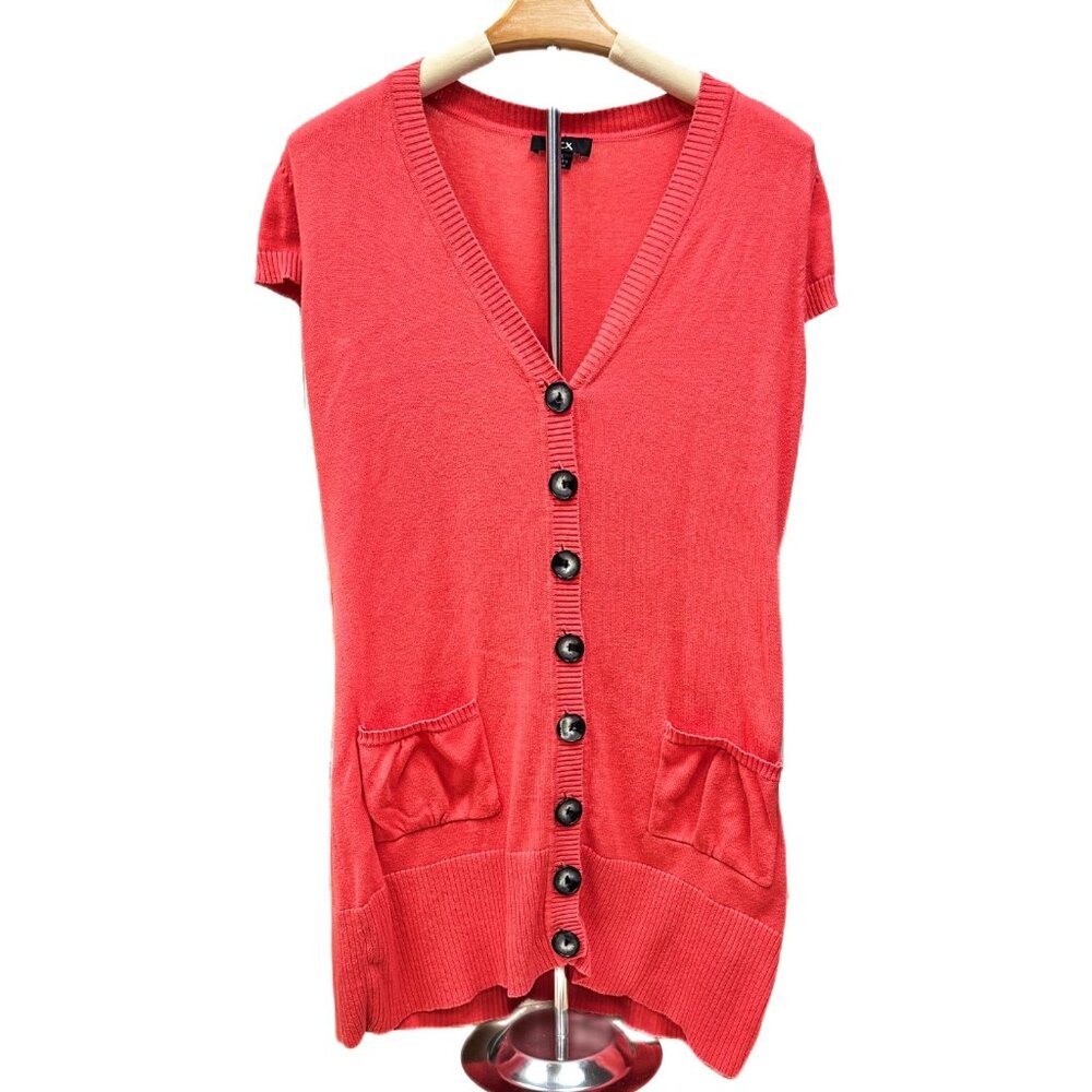 BCX V-neck Knit Short Sleeve Cardigan Orange Brown Button Front Pockets Large